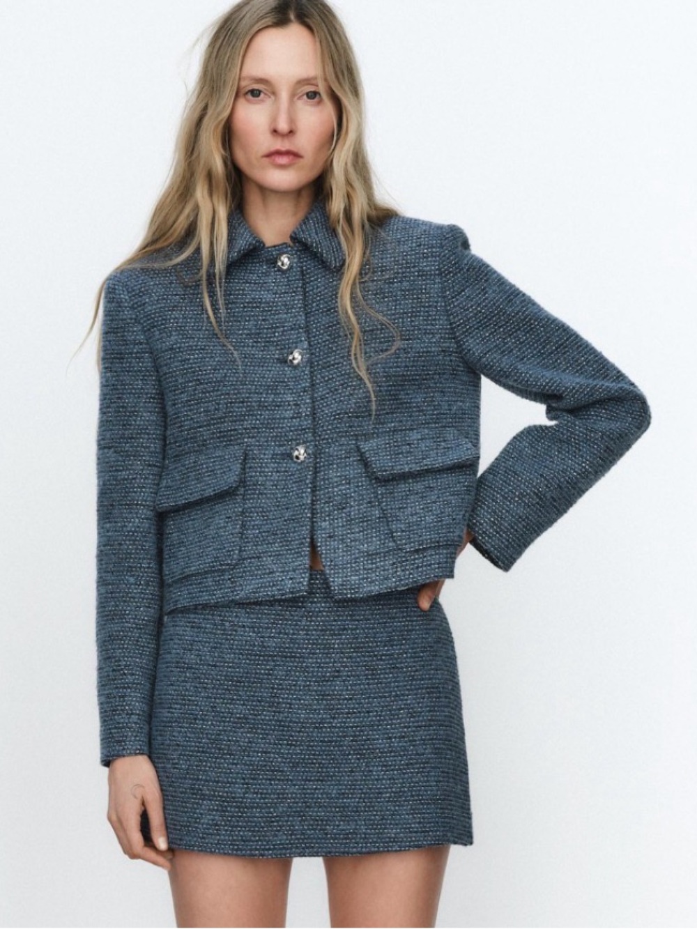 Textured Blue Tweed Mini Skort